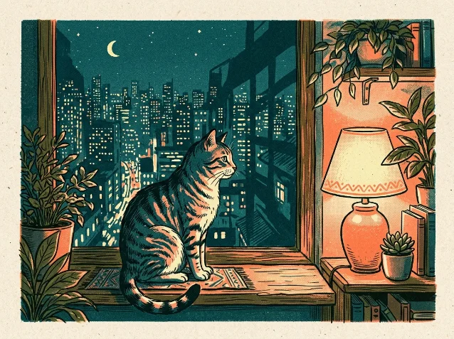 猫在午夜窗台看城市灯光