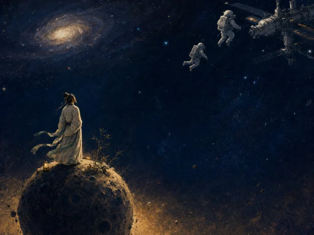 古装诗人站在微型星球上仰望太空,远处两名宇航员在空间站旁漂浮