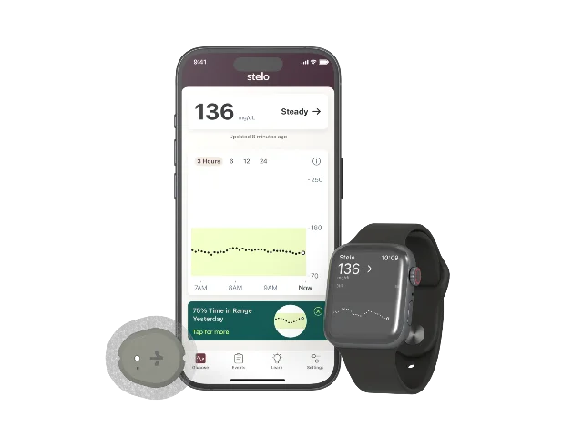 Dexcom Stelo CGM sensor alongside an iPhone displaying the Stelo app (136 mg/dL, steady) and an Apple Watch showing the same reading