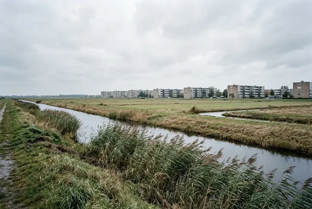 Reed-lined drainage canal in the foreground, flat polder fields, a row of modernist residential blocks on the horizon, overcast grey sky