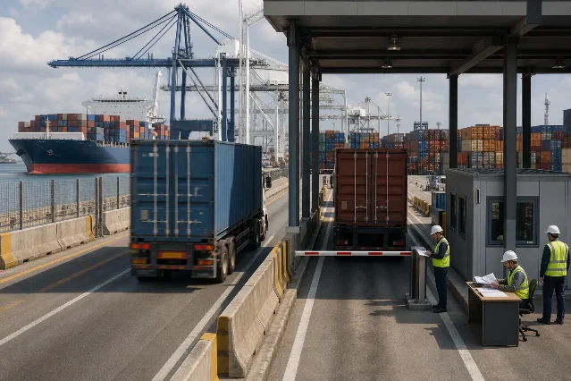 A container port with a customs barrier and global trade routes
