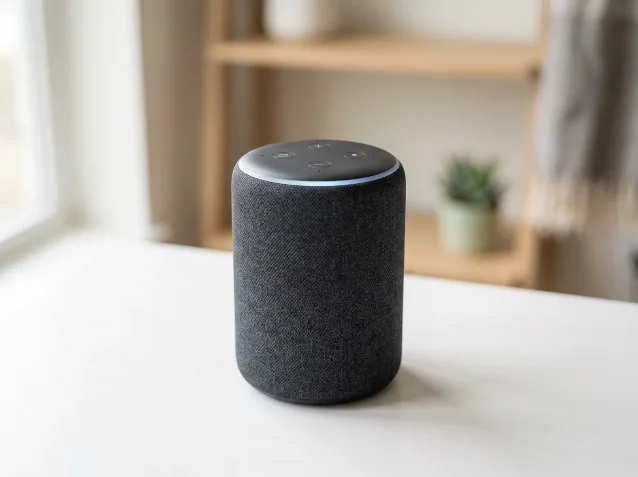 Amazon Echo Dot Max cylindrical charcoal smart speaker on a white surface
