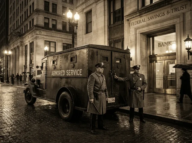 1920s armored security van outside a bank, two uniformed guards standing at the rear, rain-wet cobblestones