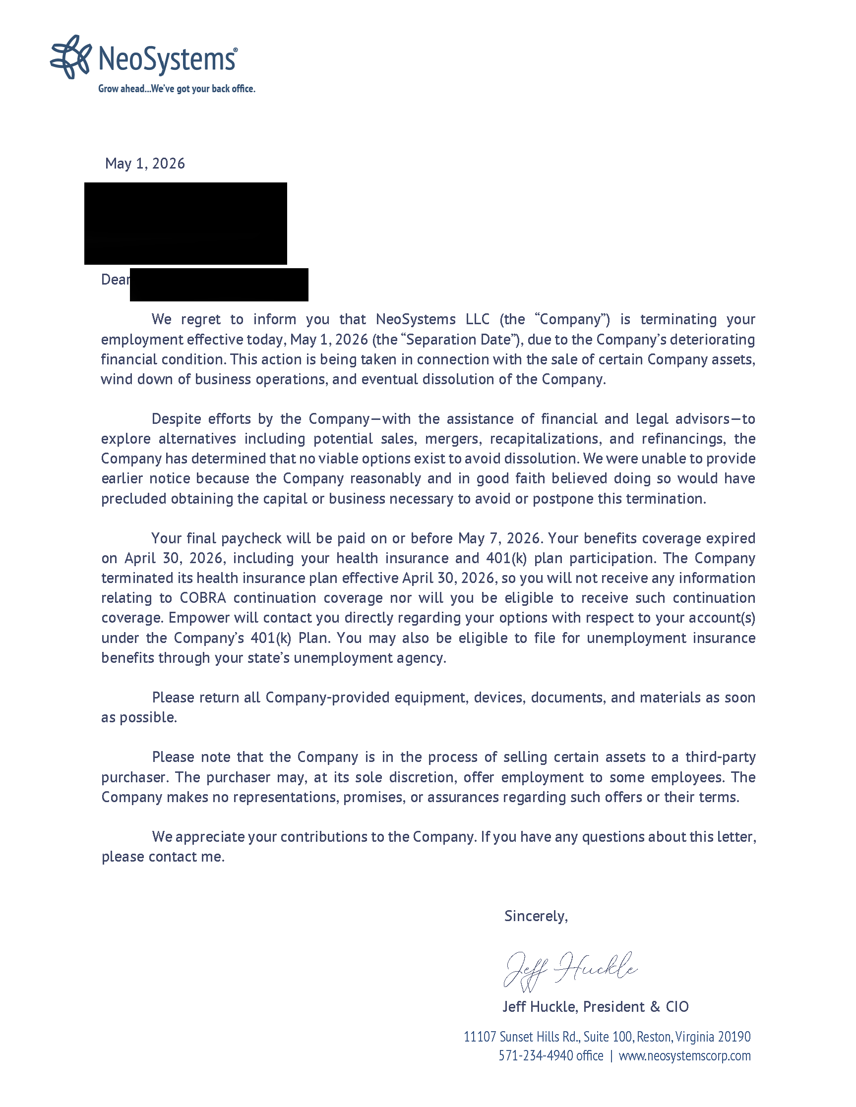 NeoSystems employee termination letter, May 1 2026
