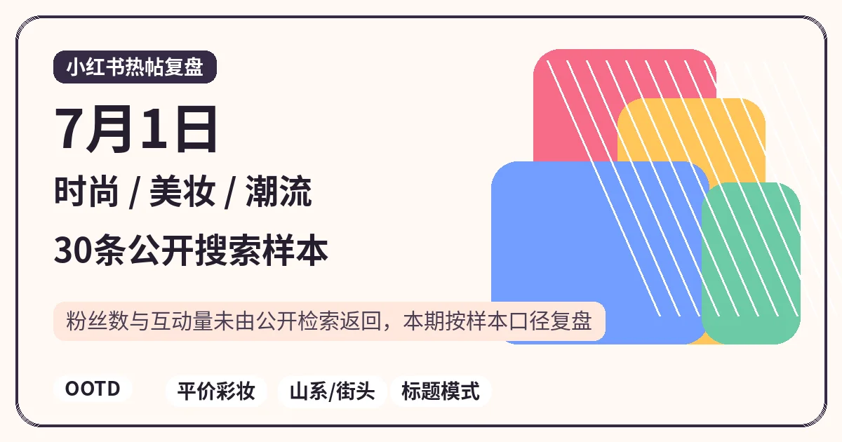 7月1日小红书时尚/美妆/潮流复盘:30条公开搜索样本(粉丝阈值未校验)