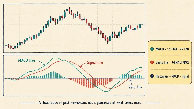 Annotated classroom diagram of two MACD lines, a zero line, and histogram bars