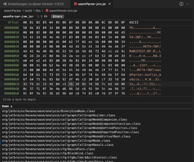 Hexana editor showing a JAR archive: hex viewer on top, sortable .class file list below