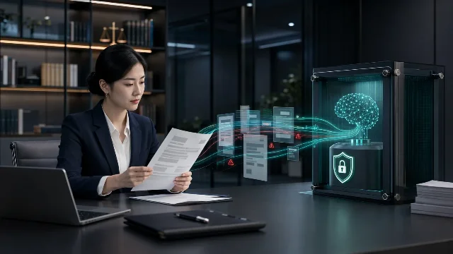 中国特征的法律合规人员在办公室审阅抽象化机密文件,文件进入封闭的加密 AI 工作区