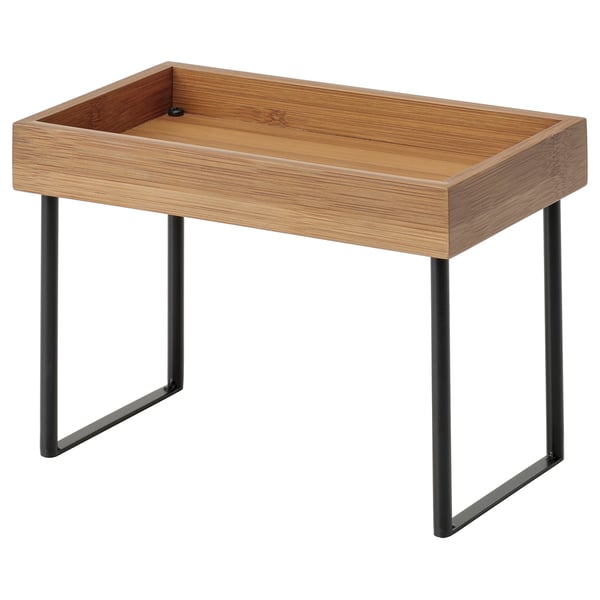 NÅLBLECKA kitchen countertop organiser — bamboo tray on black metal legs