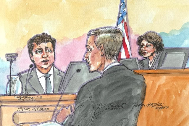 Sam Altman 在法官 Yvonne Gonzalez Rogers 面前接受 OpenAI 律师质询的法庭素描(Vicki Behringer/Reuters)