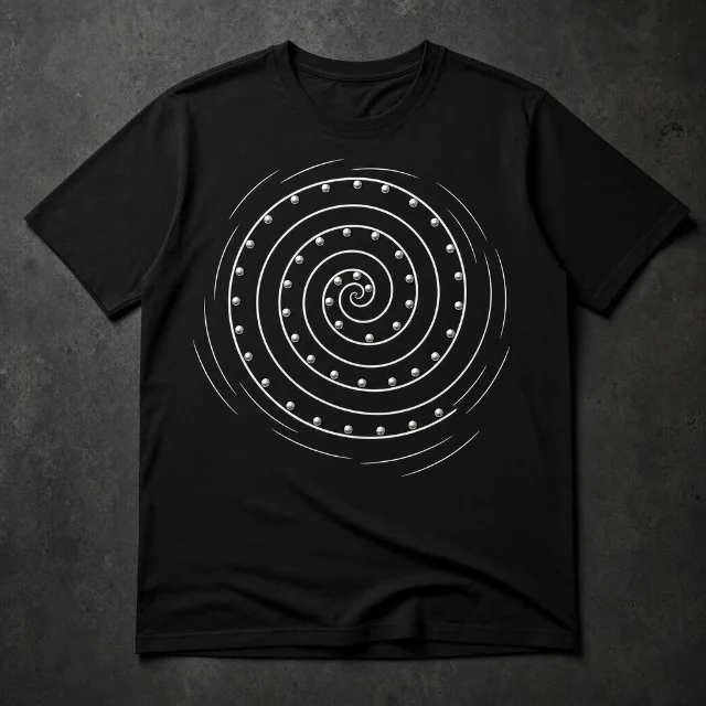 Studded spiral t-shirt design concept on black tee — concentric spiral with silver metal stud accents, punk-meets-rave aesthetic