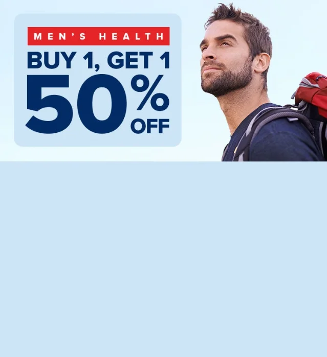 GNC Men's Health BOGO 50% hero banner — "BUY 1, GET 1 50% OFF" with male figure on light blue background