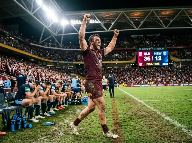 A Queensland Maroons player in maroon jersey celebrates with arms raised at Suncorp Stadium while NSW bench players sit with heads bowed
