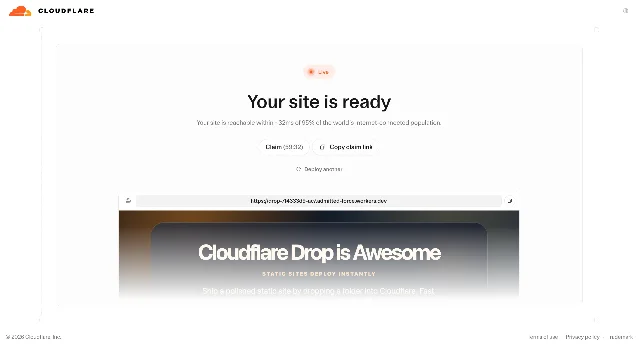 Cloudflare Drop preview page showing a deployed site with Claim and Copy claim link buttons