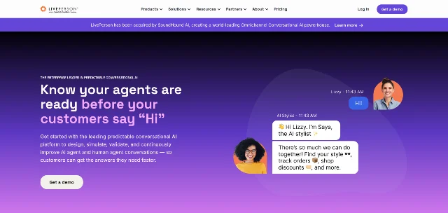 LivePerson 官网首屏，顶部横幅写明公司已被 SoundHound AI 收购