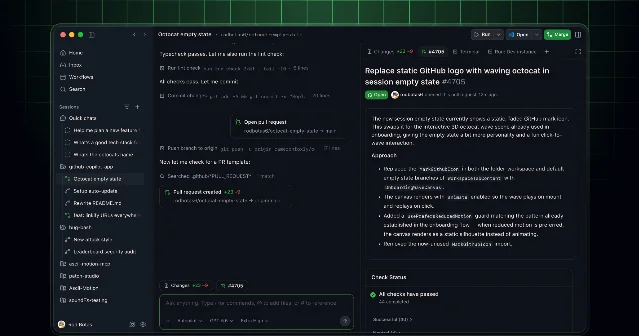 GitHub Copilot App Autopilot 界面,侧边会话栏与 PR 详情并排展示