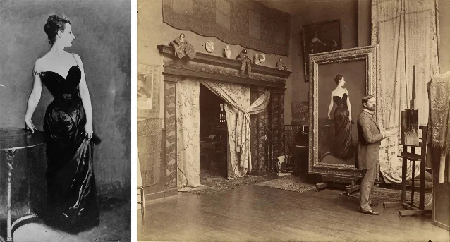 Left: photograph of the painting as exhibited at the 1884 Salon, showing the right strap in its original fallen position. Right: Sargent in his Paris studio ca. 1885, with the canvas behind him — the strap now painted back onto the shoulder