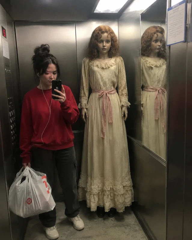 AI-generated elevator interior with physically impossible mirror reflections, including a creepy doll figure