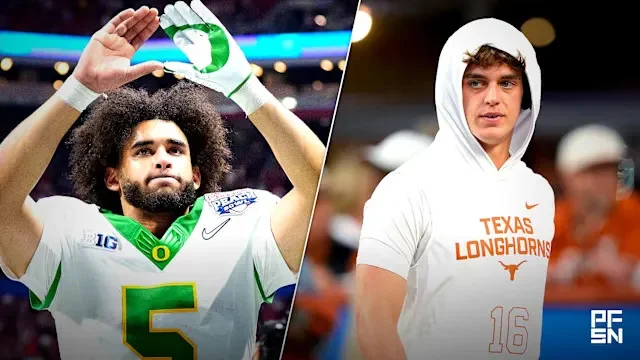 Split graphic of Oregon QB Dante Moore (#5) and Texas QB Arch Manning (#16) from PFN
