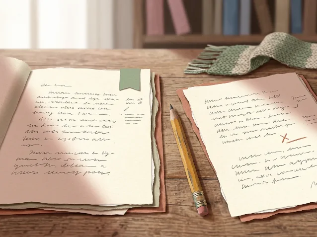 Two essay pages with quiet margin marks