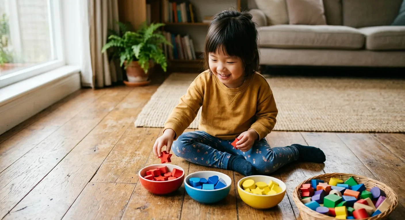 4岁孩子把袜子扔一地,其实是在做「数学」——一把彩色积木就能玩的分类游戏