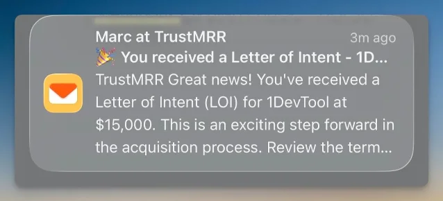 Push notification showing $15,000 acquisition offer for 1DevTool from Marc at TrustMRR