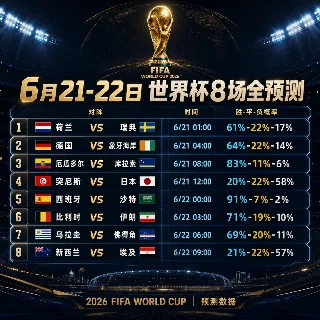 德国荷兰强强对话！6月21-22日世界杯8场全预测，突尼斯能爆冷日本吗？