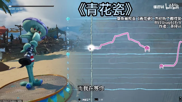 章鱼哥站在海边舞台上进行单簧管吹奏,画面右侧显示音高曲线和音符轨道