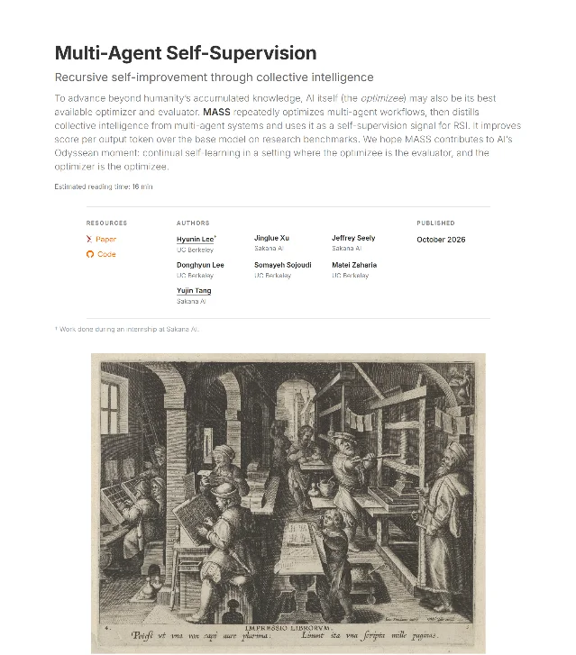 Sakana AI 的 MASS 项目页，作者单位有 Sakana AI 与 UC Berkeley，Published 一栏写着 October 2026