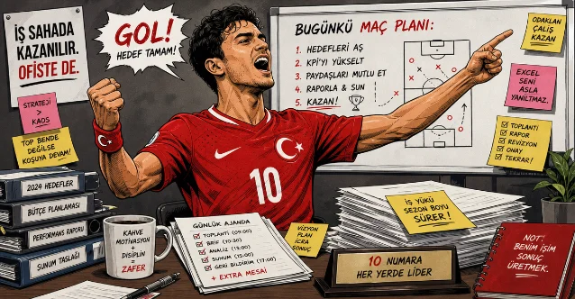 Turkish footballer celebrating in a corporate office setting