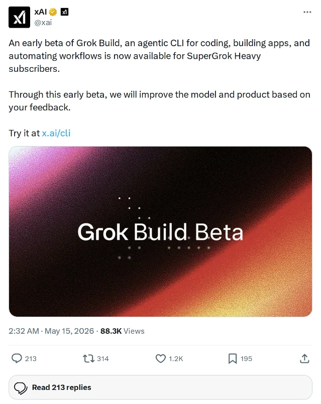 xAI's official announcement tweet for Grok Build beta