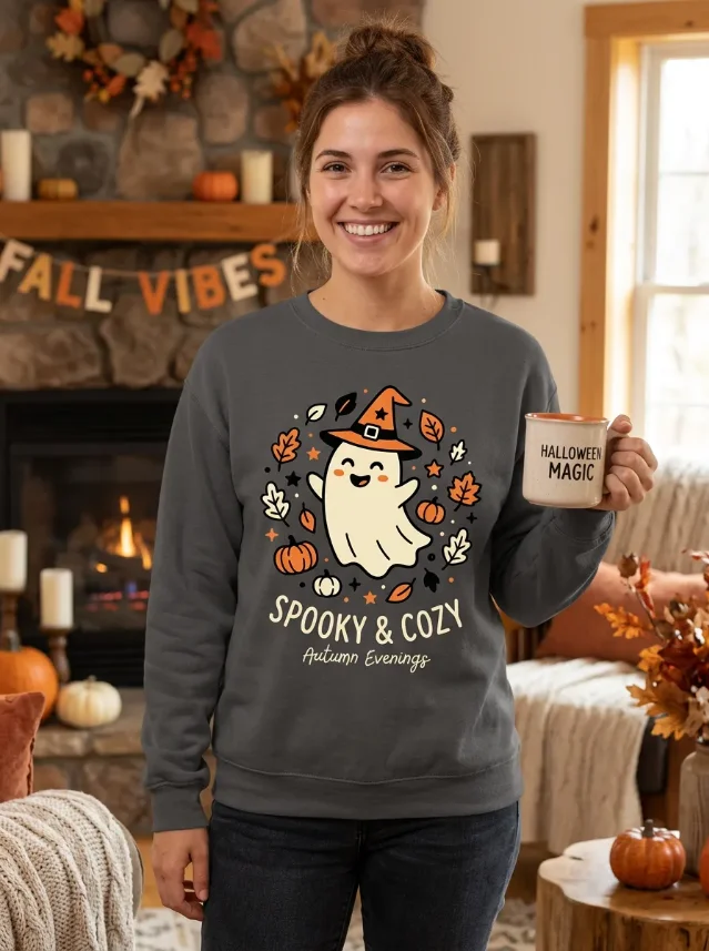 Halloween comfort wear sweatshirt design concept — cozy ghost with witch hat, autumn leaves, pumpkins, charcoal crewneck mockup lifestyle photo