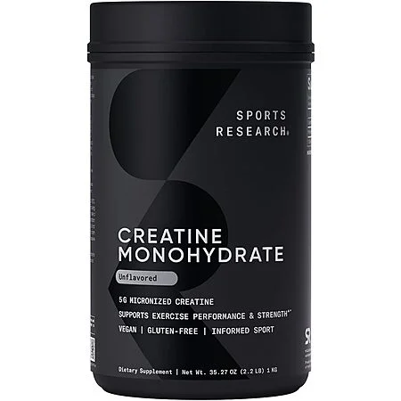 Sports Research Creatine Monohydrate — black cylindrical tub, 35.27oz / 1kg, labeled Informed Sport certified