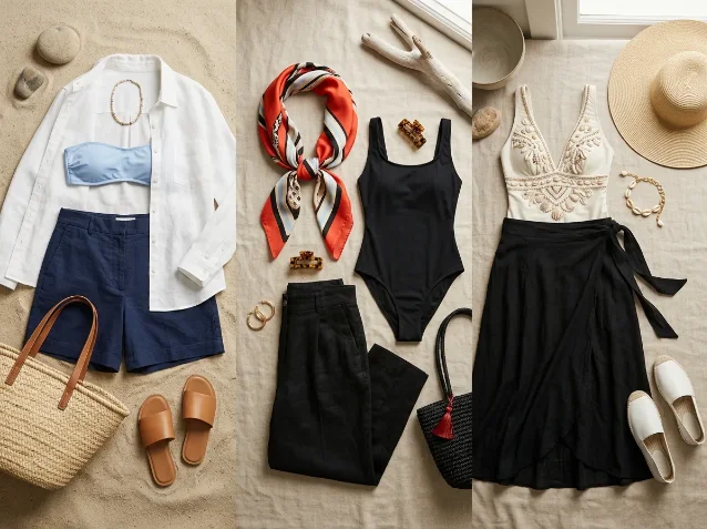 AI-generated moodboard of beach-to-city swim styling with board shorts, scarf accents, a black one-piece, crochet texture, raffia accessories, and sandals.