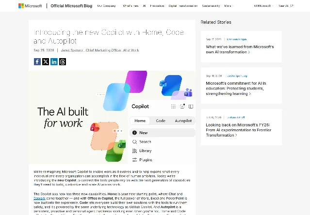 A screenshot of Microsoft's announcement page dated 25 September 2026, showing the Copilot app with Home, Code and Autopilot tabs and the opening paragraph describing Autopilot