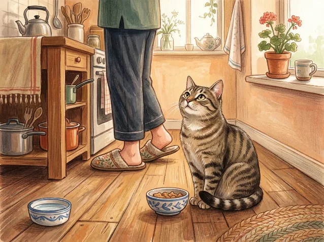 猫坐在饭碗旁等早饭