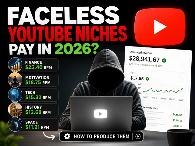2026 faceless YouTube RPM tier infographic — finance $25.40 RPM, motivation $18.75 RPM, tech $15.32 RPM, history $12.68 RPM, space $11.21 RPM; YouTube Studio earnings screenshot showing $28,941.67 estimated revenue