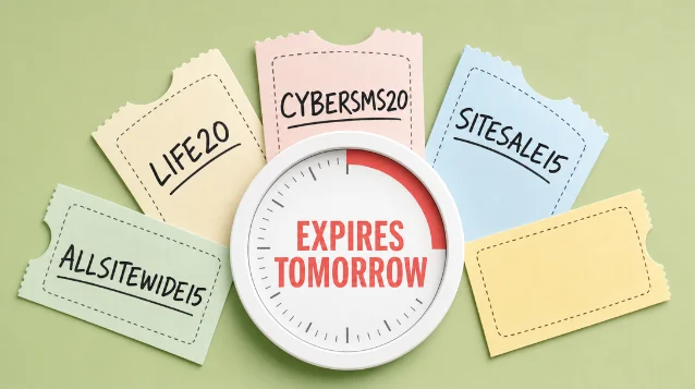 Countdown ticket stubs showing tomorrow's Vitacost code expiry cluster: ALLSITEWIDE15, LIFE20, CYBERSMS20, SITESALE15