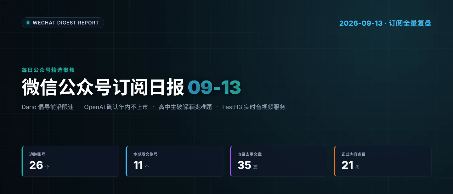 微信公众号订阅日报（2026-09-13）：11账号更新35篇，Dario吁前沿限速与OpenAI年内不上市
