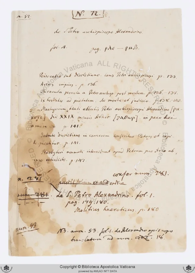The 18th-century archival enclosure note for Borg.copt.109.cass.XXVII.fasc.138, showing a handwritten Latin content summary headed 'de S. Petro archiepiscopo Alexandrino' with a thematic outline of the encomium's sections