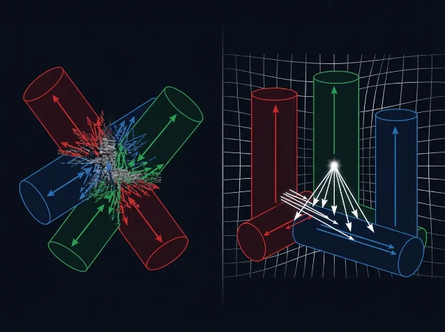 Left: three LoRA rank subspaces (red, green, blue cylinders) colliding with chaotic interference artifacts at their overlap. Right: after SSR routing, the same subspaces are separated in a unified space with a clean inverse-correlation grid and steering arrows converging on an output target