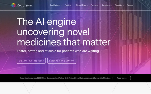输入 exscientia.ai 后落在 Recursion 首页:2026 年 10 月 18 日现状,页面横幅是当天关于 2 亿美元超额认购增发的公告