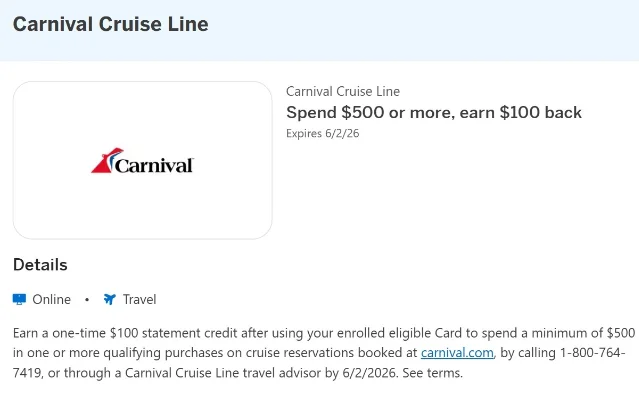 Carnival Amex Offer showing $100 back on $500+ spend