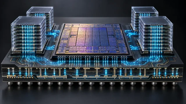 AI 加速卡中介层与 HBM 三维垂直堆叠封装架构示意