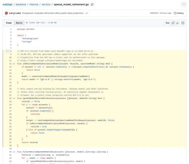 sub2api v0.2.17 的 openai_model_retirement.go,第 8 到 38 行整段高亮