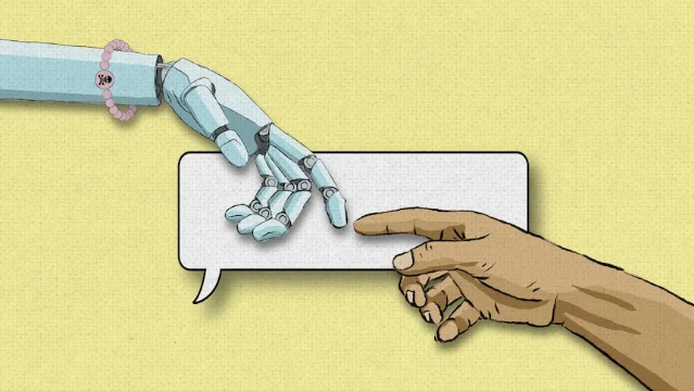 Mechanical robot arm and human hand reaching toward empty speech bubbles, robot arm has a skull marking