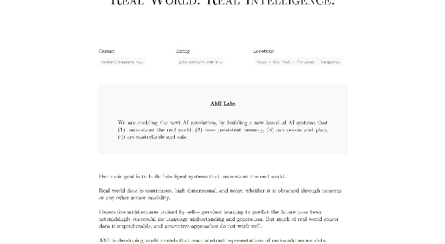 AMI Labs 官网首屏:大标题 REAL WORLD. REAL INTELLIGENCE.,下方 Contact、Hiring、Locations 三栏,Locations 那栏写着 Paris + New York + Montreal + Singapore