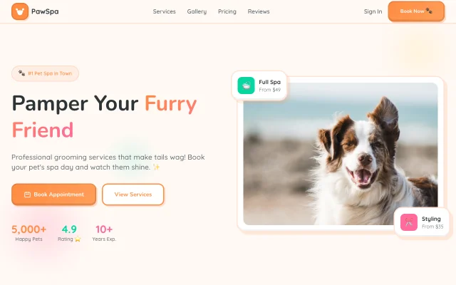 PawSpa pet grooming landing page generated by UI/UX Pro Max — warm cream background, orange CTAs, hero split layout with service pricing badges