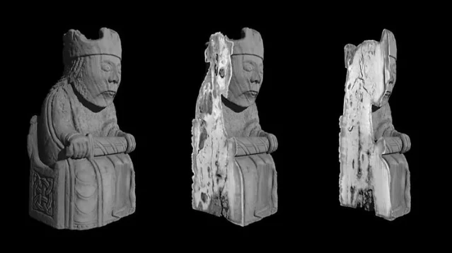 CT scan images of a Lewis king piece in three views, showing the internal walrus ivory dentine structure