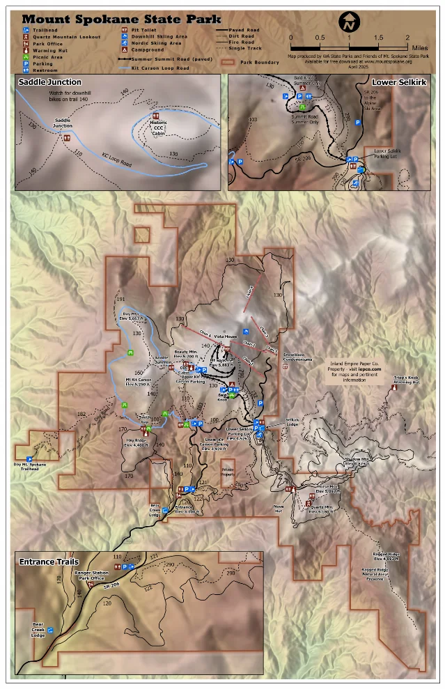 Official Mount Spokane State Park trail map showing the summit complex, named peaks, roads, trail numbers, and elevation labels